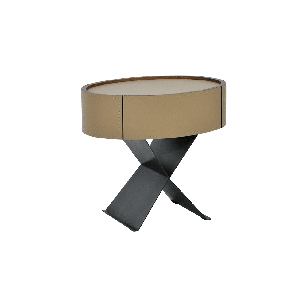 TERRA - Saddle Leather Bedside Table with Stainless Steel Base