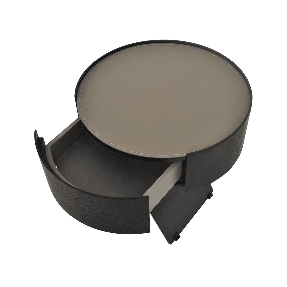 NOIR - Smoked Veneer Bedside Table with Saddle Leather and Stainless Steel Base