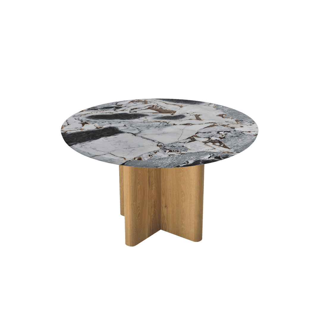 Mix & Match Round Marble Dining Table with Neva Ash Wood Base (Ø1.3m)