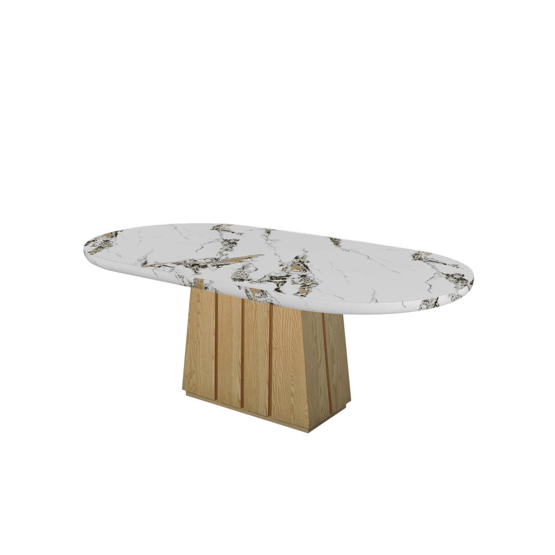Mix & Match Oval Shaped Marble Dining Table with Cora Ash Wood Base (2.1m x 1.1m)