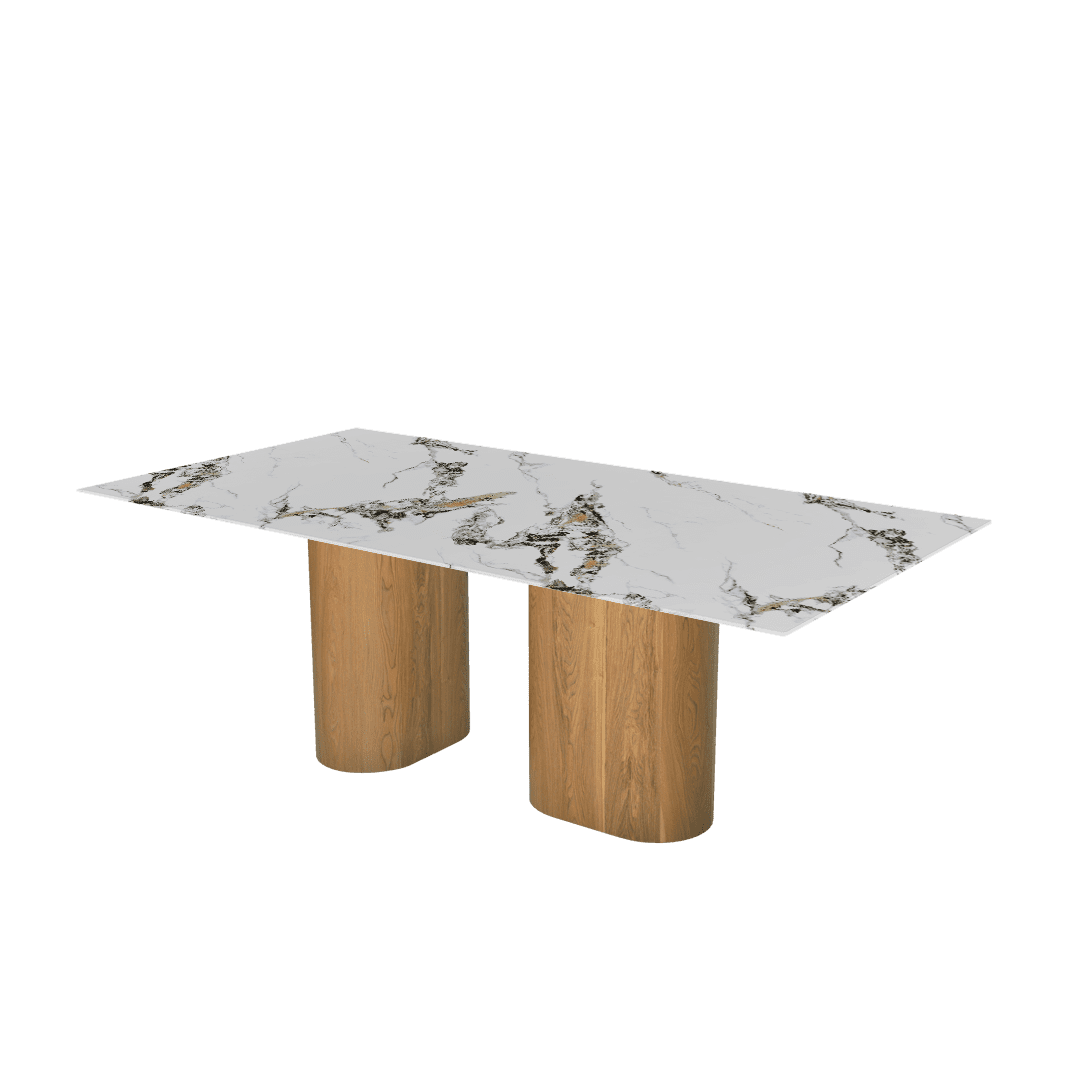 Mix & Match Rectangular Marble Dining Table with Pedro Ash Wood Base (2.1m x 1.1m)