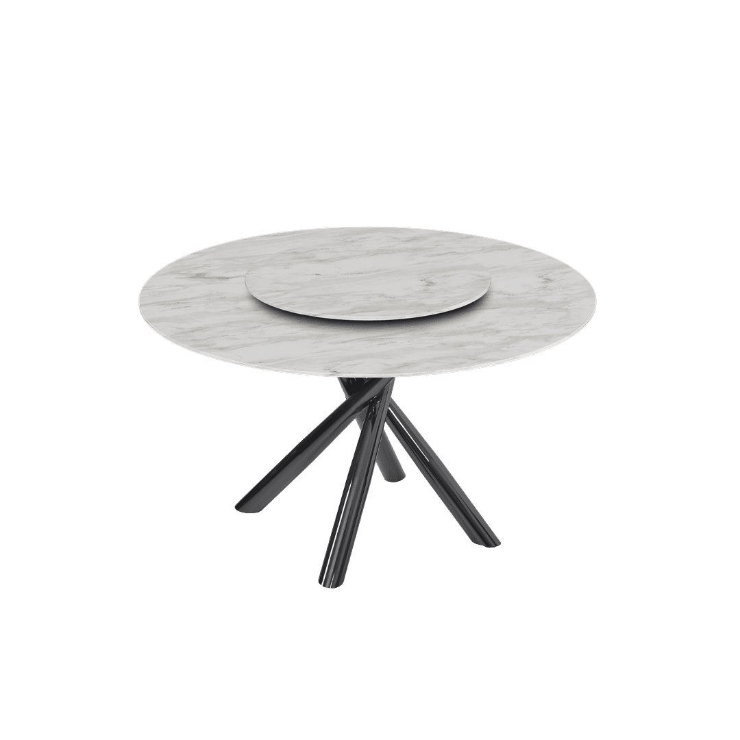 Contemporary Minimalist Round Marble Dining Table with Xyla Black Glossy Metal Leg (Ø1.3m)