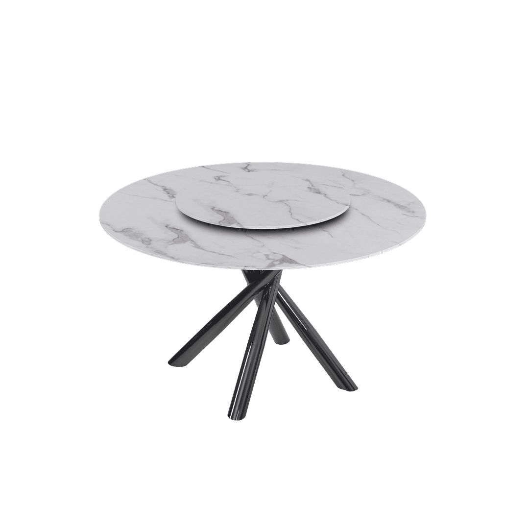 Contemporary Minimalist Round Marble Dining Table with Xyla Black Glossy Metal Leg (Ø1.3m)