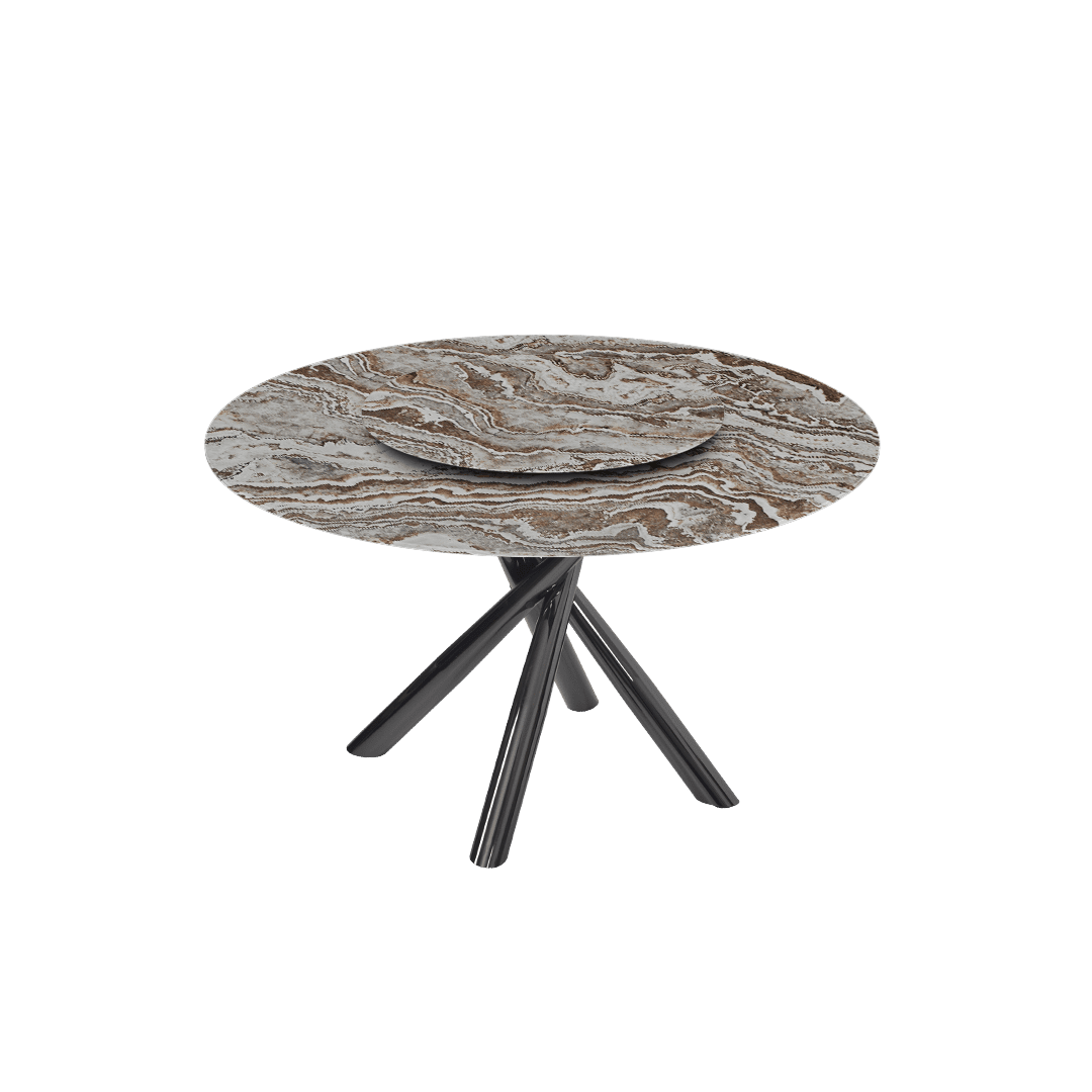 Contemporary Minimalist Round Marble Dining Table with Xyla Black Glossy Metal Leg (Ø1.3m)