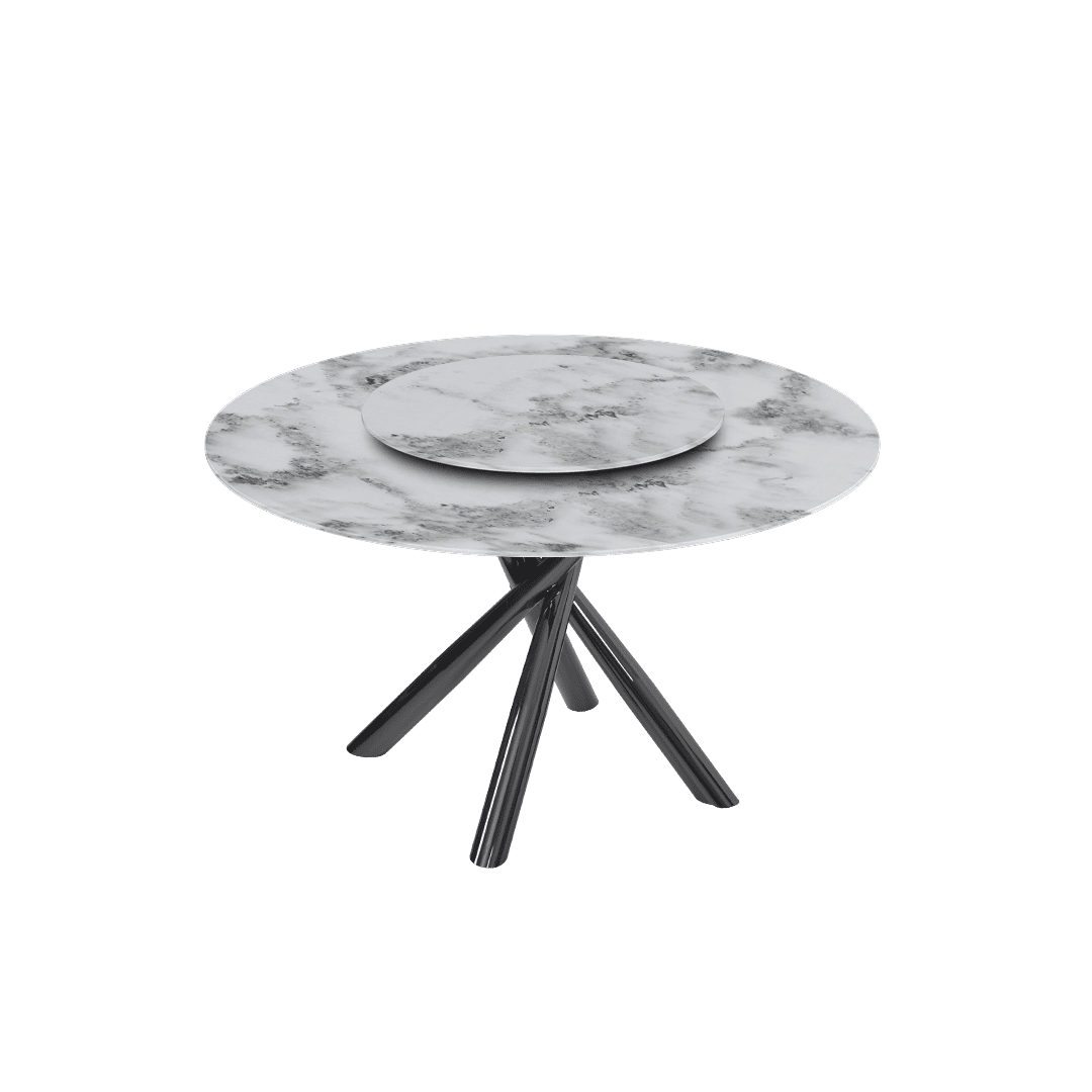 Contemporary Minimalist Round Marble Dining Table with Xyla Black Glossy Metal Leg (Ø1.3m)