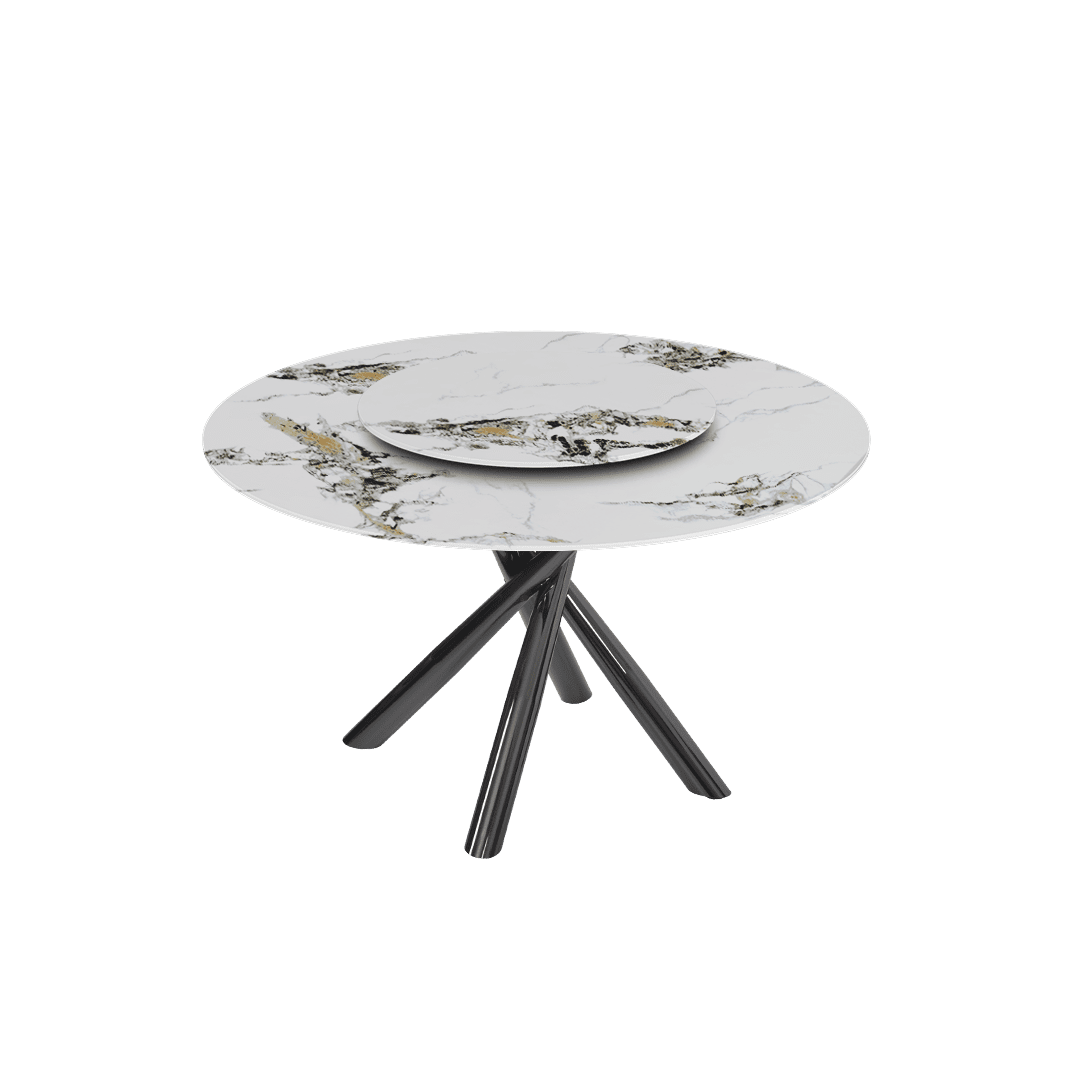 Contemporary Minimalist Round Marble Dining Table with Xyla Black Glossy Metal Leg (Ø1.3m)