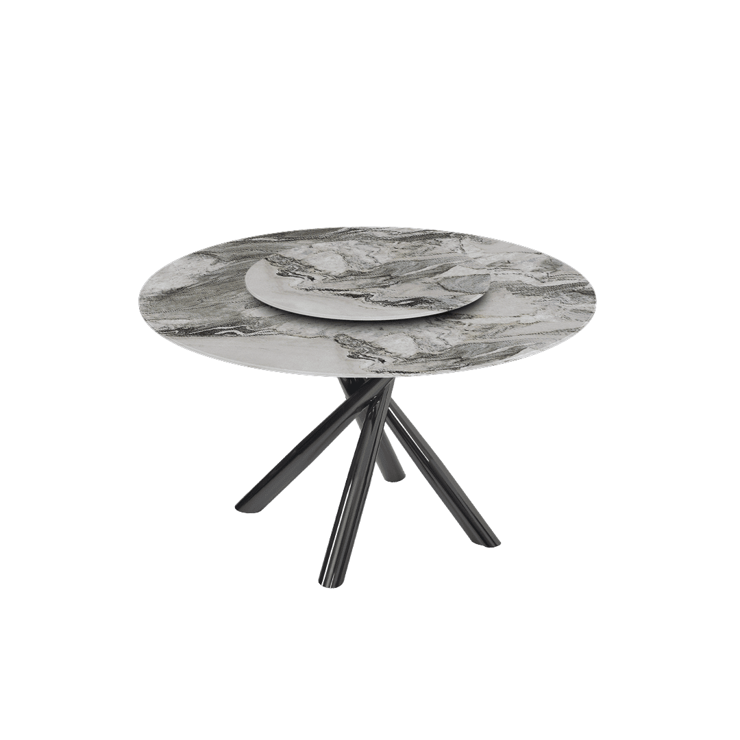 Contemporary Minimalist Round Marble Dining Table with Xyla Black Glossy Metal Leg (Ø1.3m)