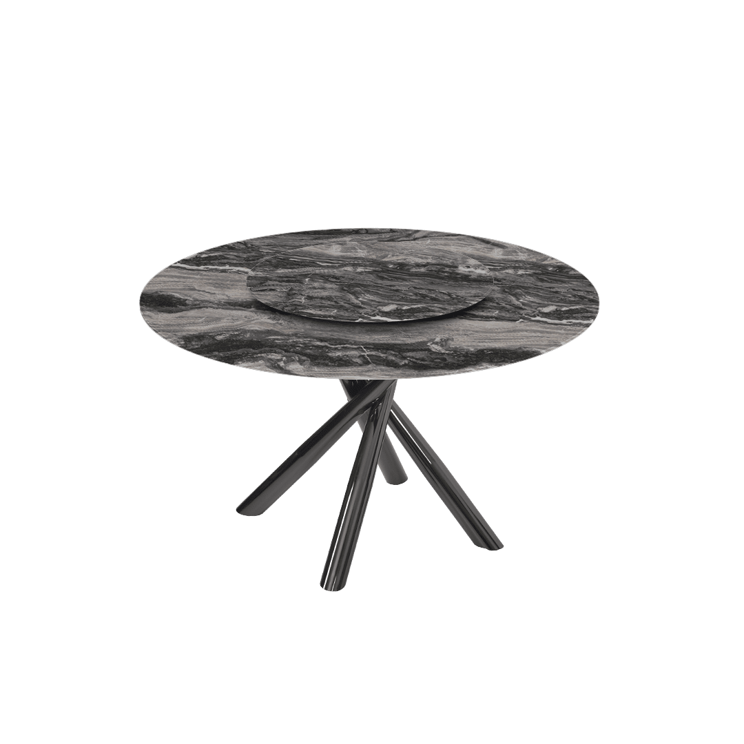 Contemporary Minimalist Round Marble Dining Table with Xyla Black Glossy Metal Leg (Ø1.3m)