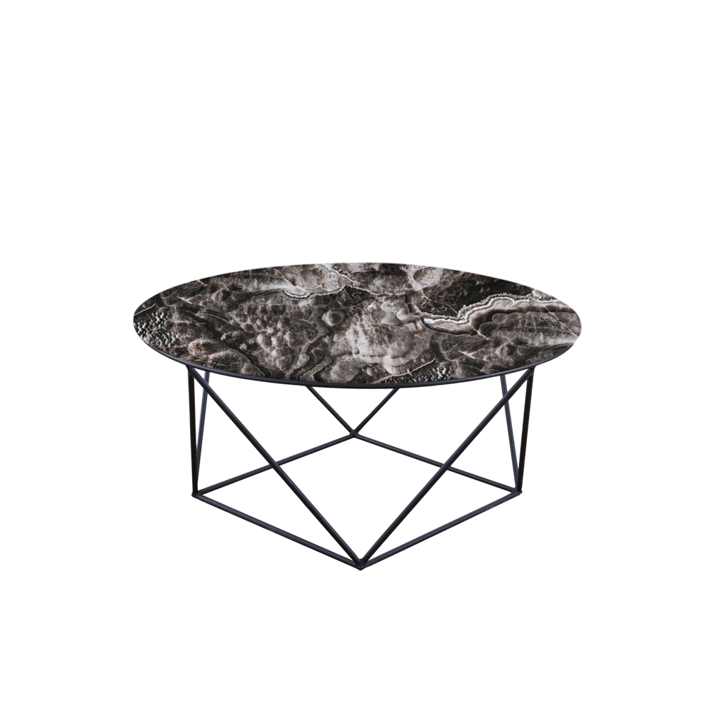 Mix & Match Round Marble Coffee Table with Black Square Geometric Metal Base