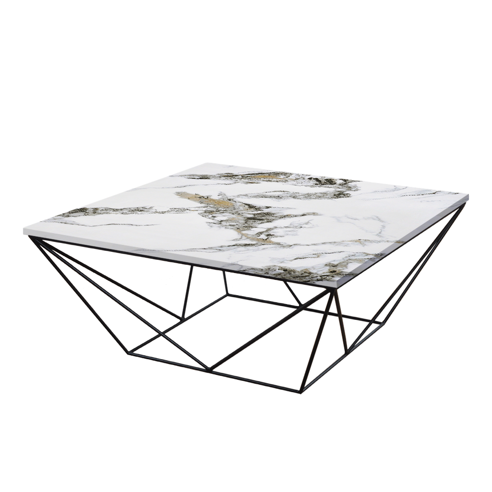 Mix & Match Square Marble Coffee Table with Black Geometric Metal Base