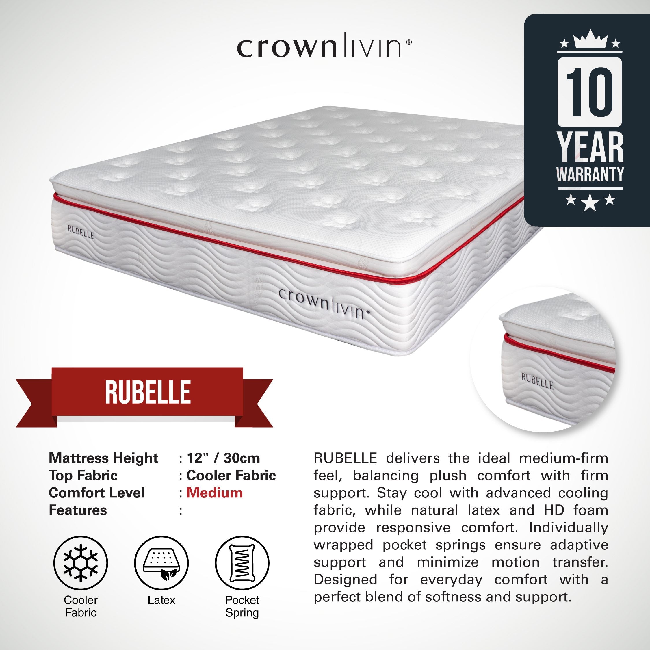 RUBELLE – Balanced Comfort with Cool Touch Mattress (Single / Super Single / Queen / King)