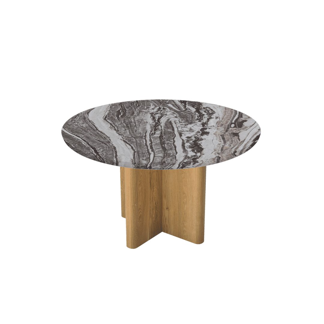 Mix & Match Round Marble Dining Table with Neva Ash Wood Base (Ø1.3m)