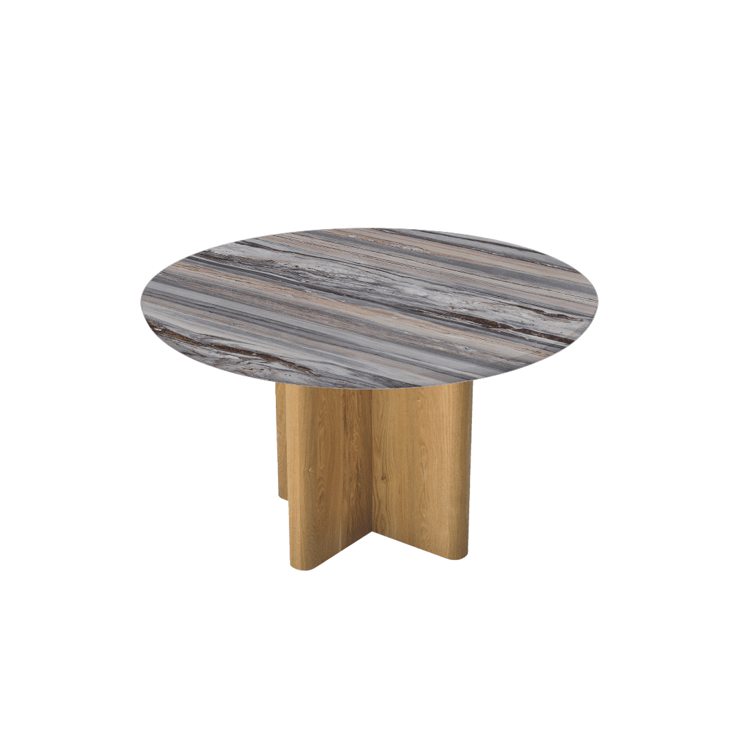 Mix & Match Round Marble Dining Table with Neva Ash Wood Base (Ø1.3m)