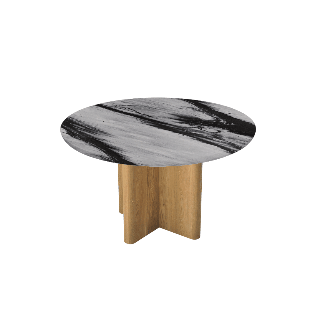 Mix & Match Round Marble Dining Table with Neva Ash Wood Base (Ø1.3m)