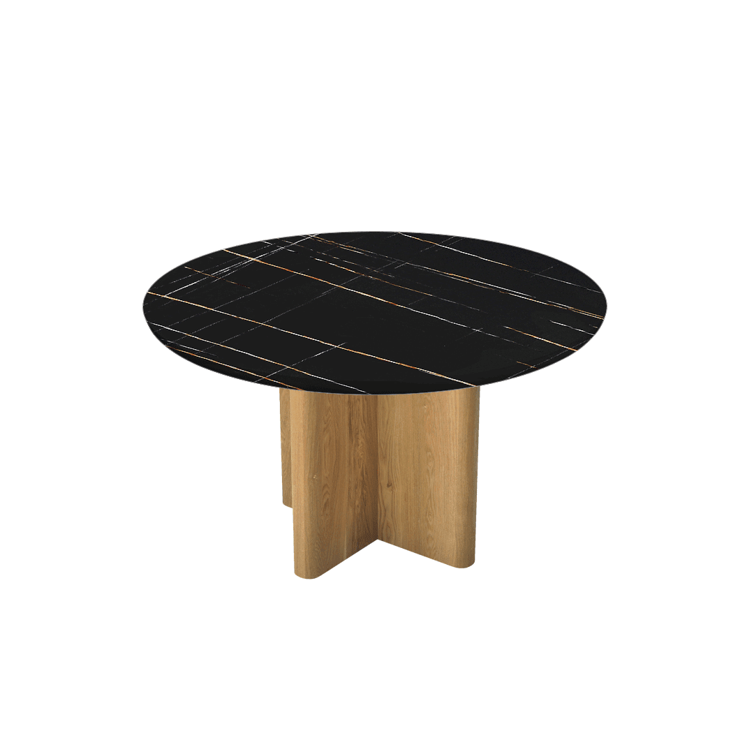 Mix & Match Round Marble Dining Table with Neva Ash Wood Base (Ø1.3m)