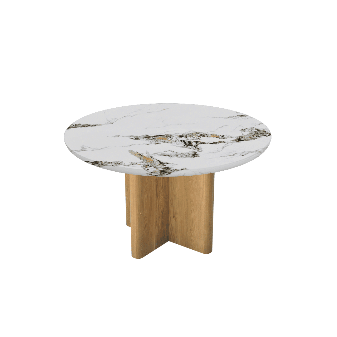 Mix & Match Round Marble Dining Table with Neva Ash Wood Base (Ø1.3m)