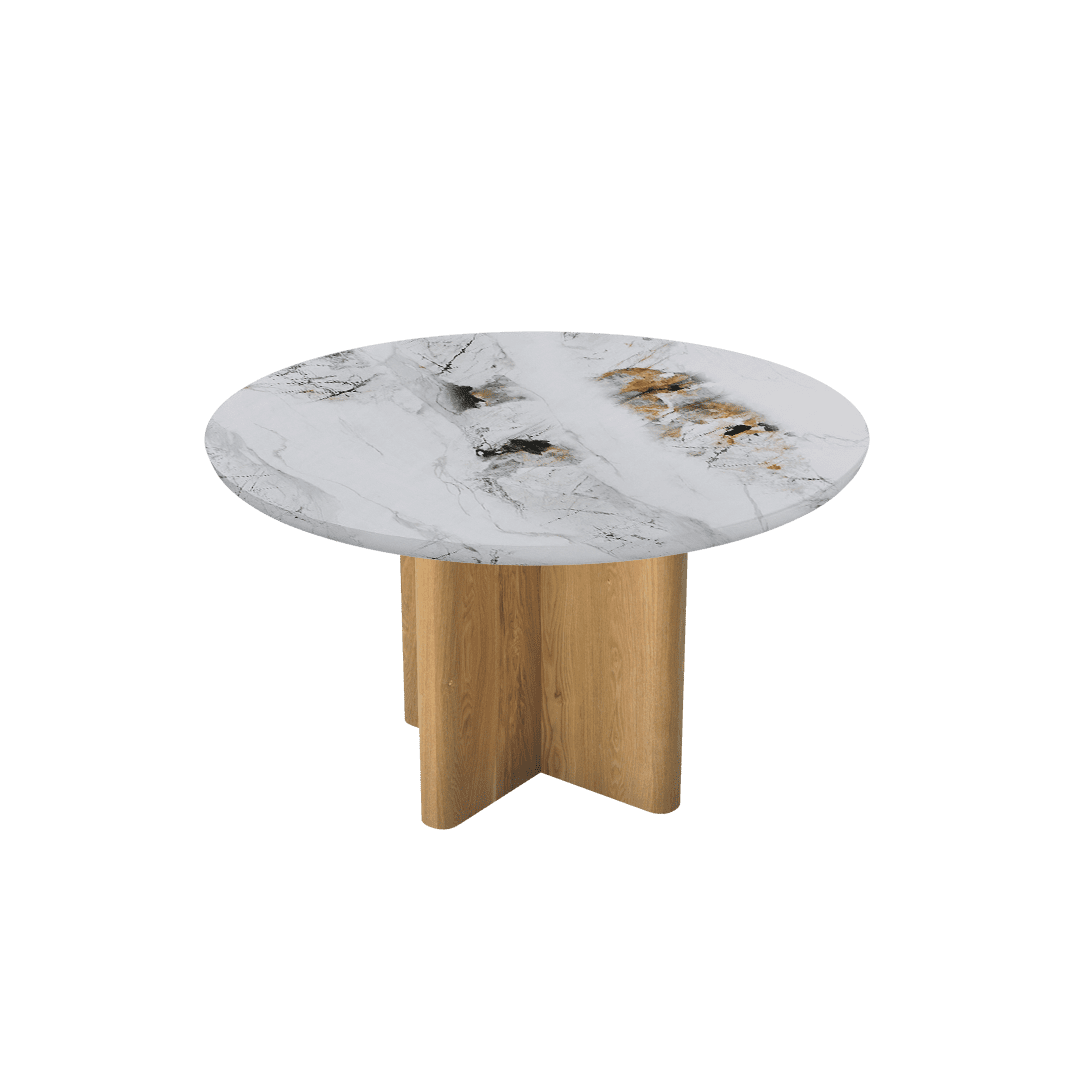 Mix & Match Round Marble Dining Table with Neva Ash Wood Base (Ø1.3m)