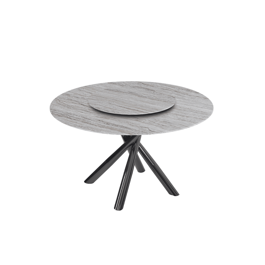 Contemporary Minimalist Round Marble Dining Table with Xyla Black Glossy Metal Leg (Ø1.3m)