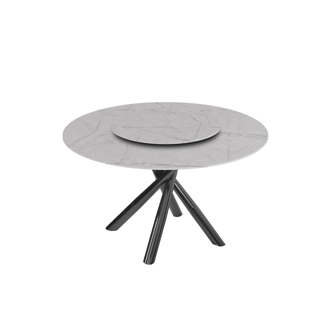 Contemporary Minimalist Round Marble Dining Table with Xyla Black Glossy Metal Leg (Ø1.3m)
