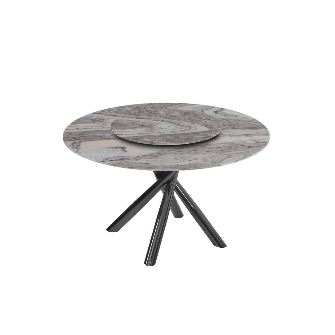 Contemporary Minimalist Round Marble Dining Table with Xyla Black Glossy Metal Leg (Ø1.3m)