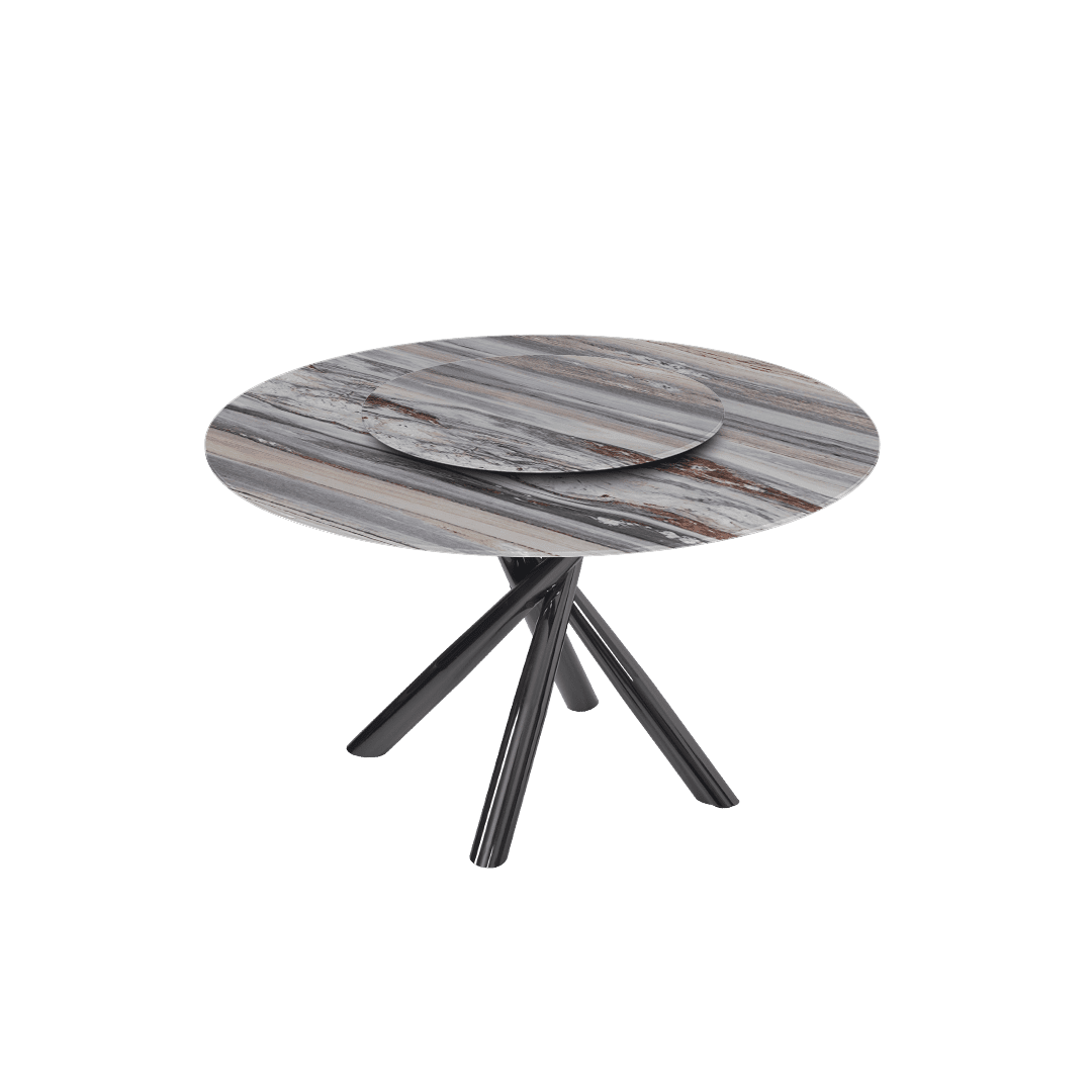 Contemporary Minimalist Round Marble Dining Table with Xyla Black Glossy Metal Leg (Ø1.3m)