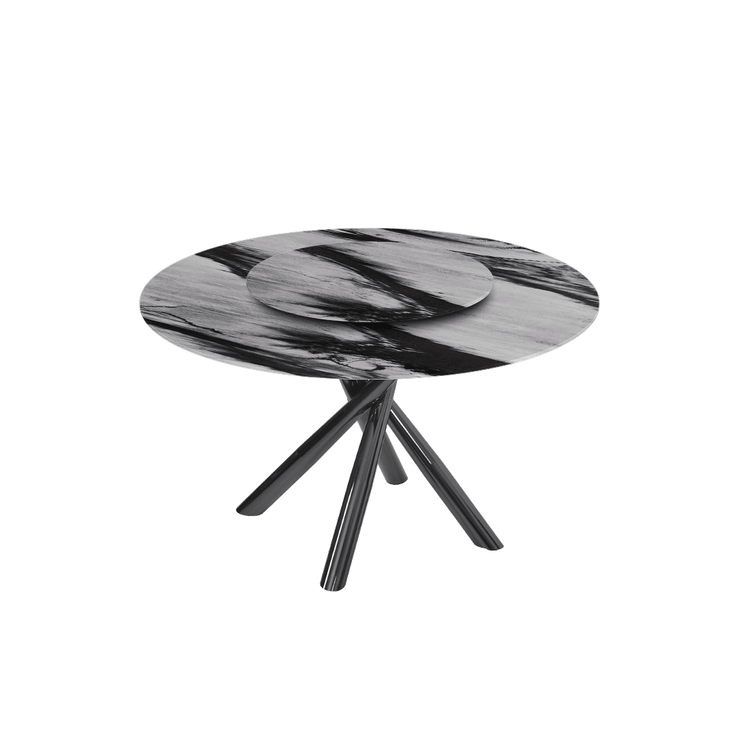 Contemporary Minimalist Round Marble Dining Table with Xyla Black Glossy Metal Leg (Ø1.3m)