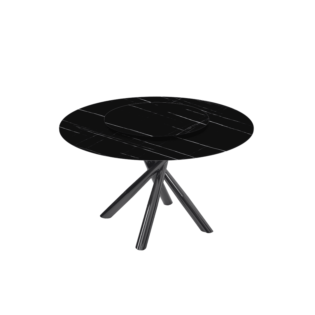Contemporary Minimalist Round Marble Dining Table with Xyla Black Glossy Metal Leg (Ø1.3m)