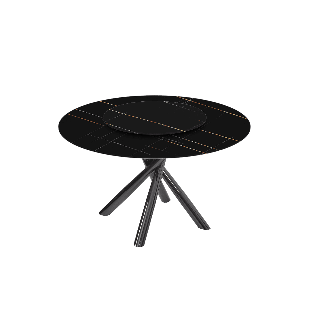 Contemporary Minimalist Round Marble Dining Table with Xyla Black Glossy Metal Leg (Ø1.3m)