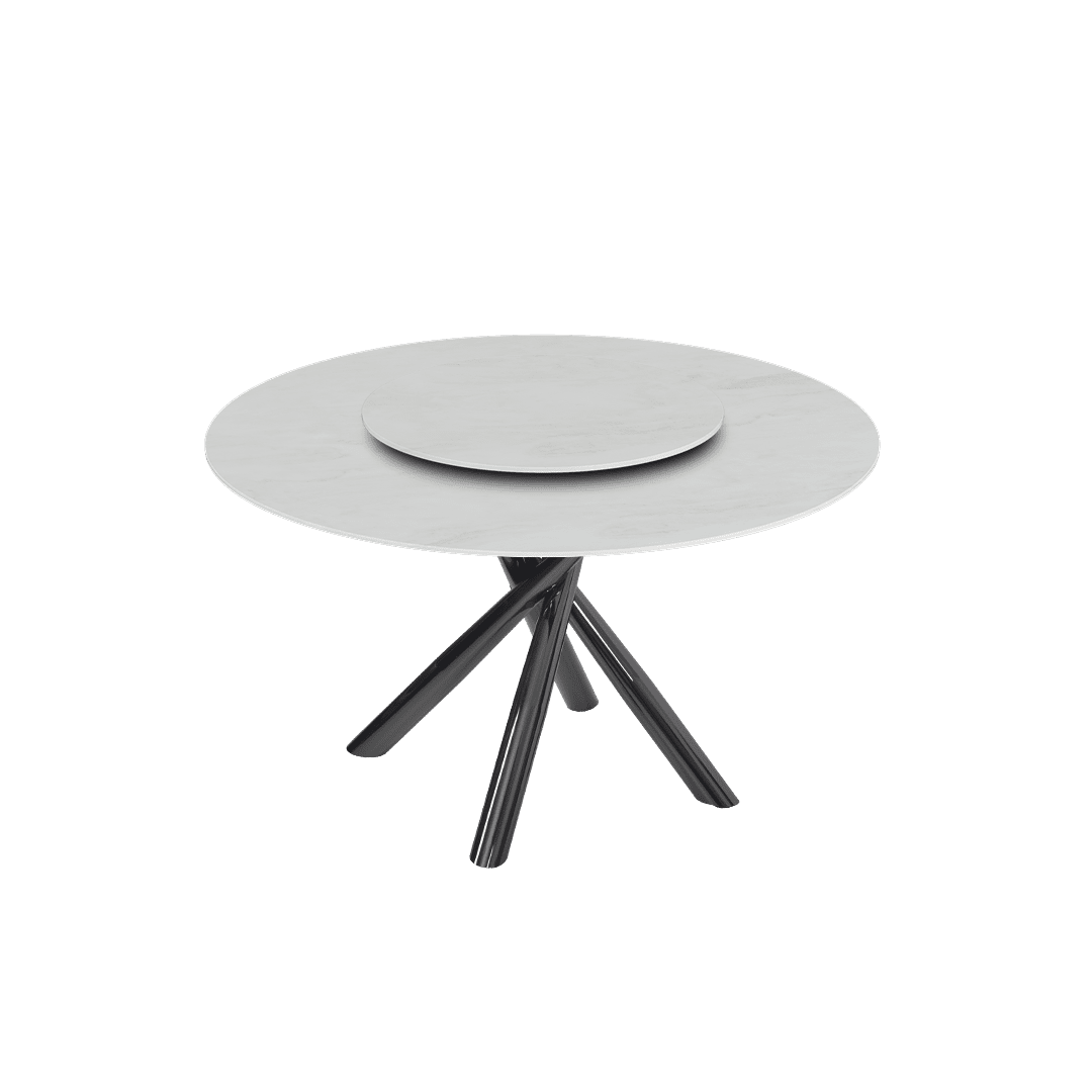 Contemporary Minimalist Round Marble Dining Table with Xyla Black Glossy Metal Leg (Ø1.3m)