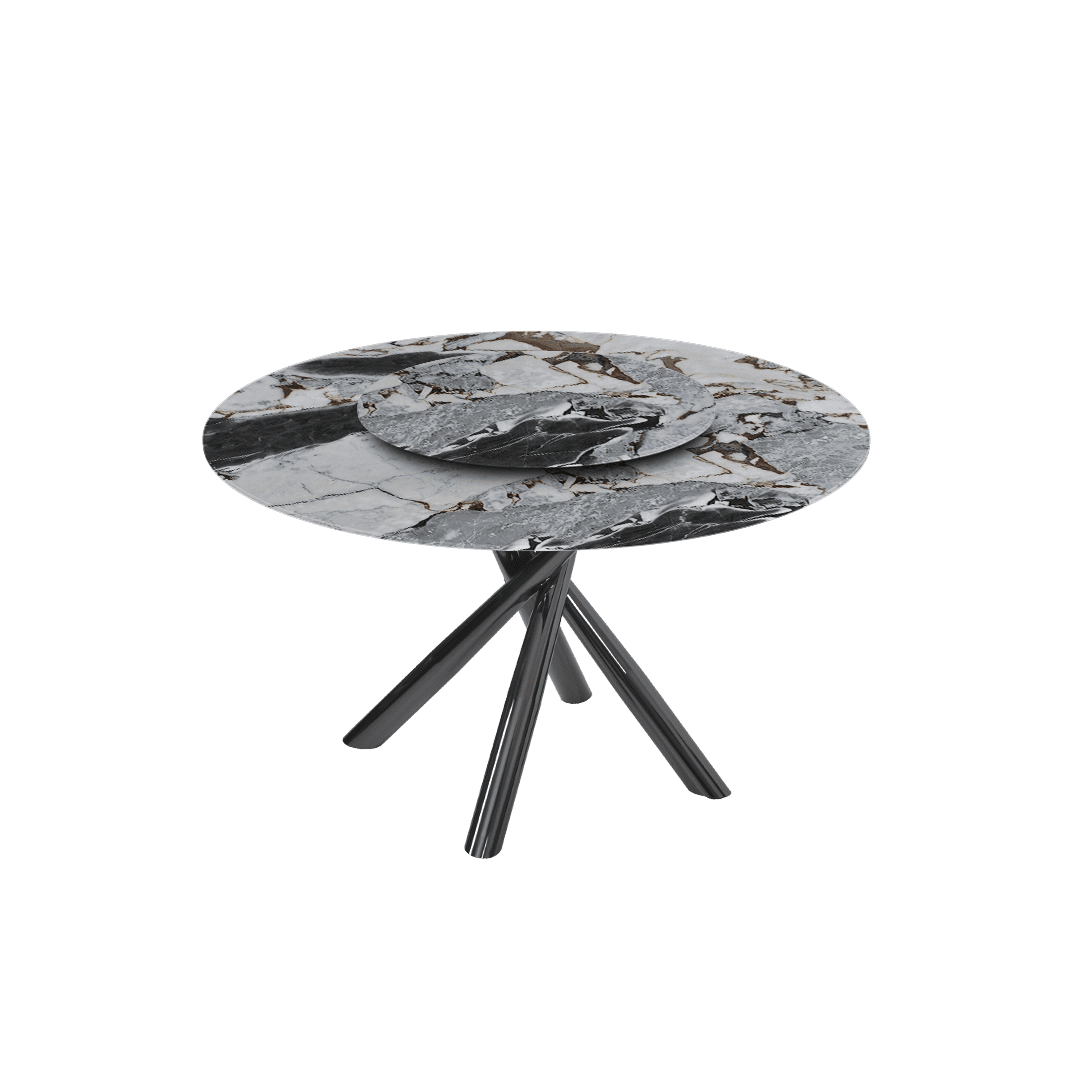 Contemporary Minimalist Round Marble Dining Table with Xyla Black Glossy Metal Leg (Ø1.3m)