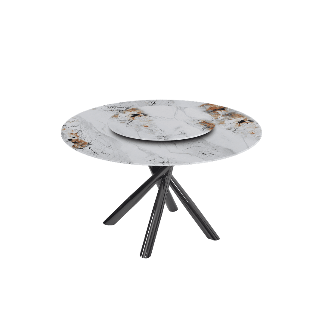 Contemporary Minimalist Round Marble Dining Table with Xyla Black Glossy Metal Leg (Ø1.3m)