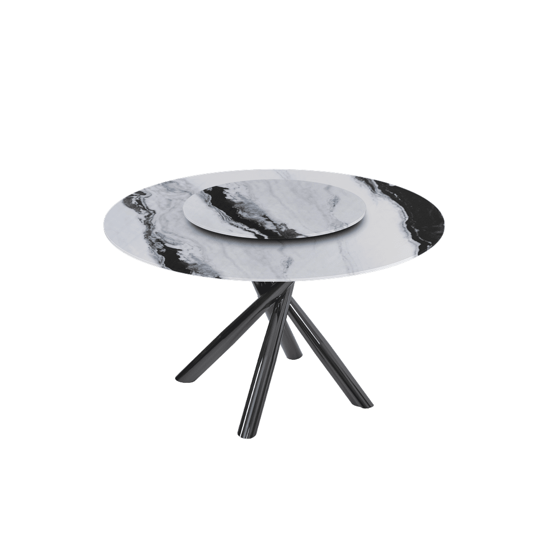 Contemporary Minimalist Round Marble Dining Table with Xyla Black Glossy Metal Leg (Ø1.3m)