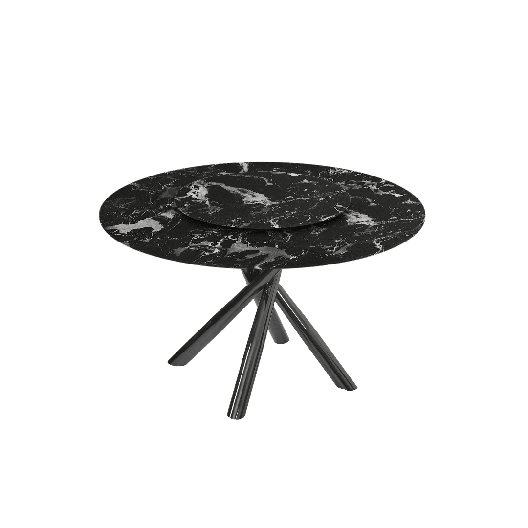 Contemporary Minimalist Round Marble Dining Table with Xyla Black Glossy Metal Leg (Ø1.3m)