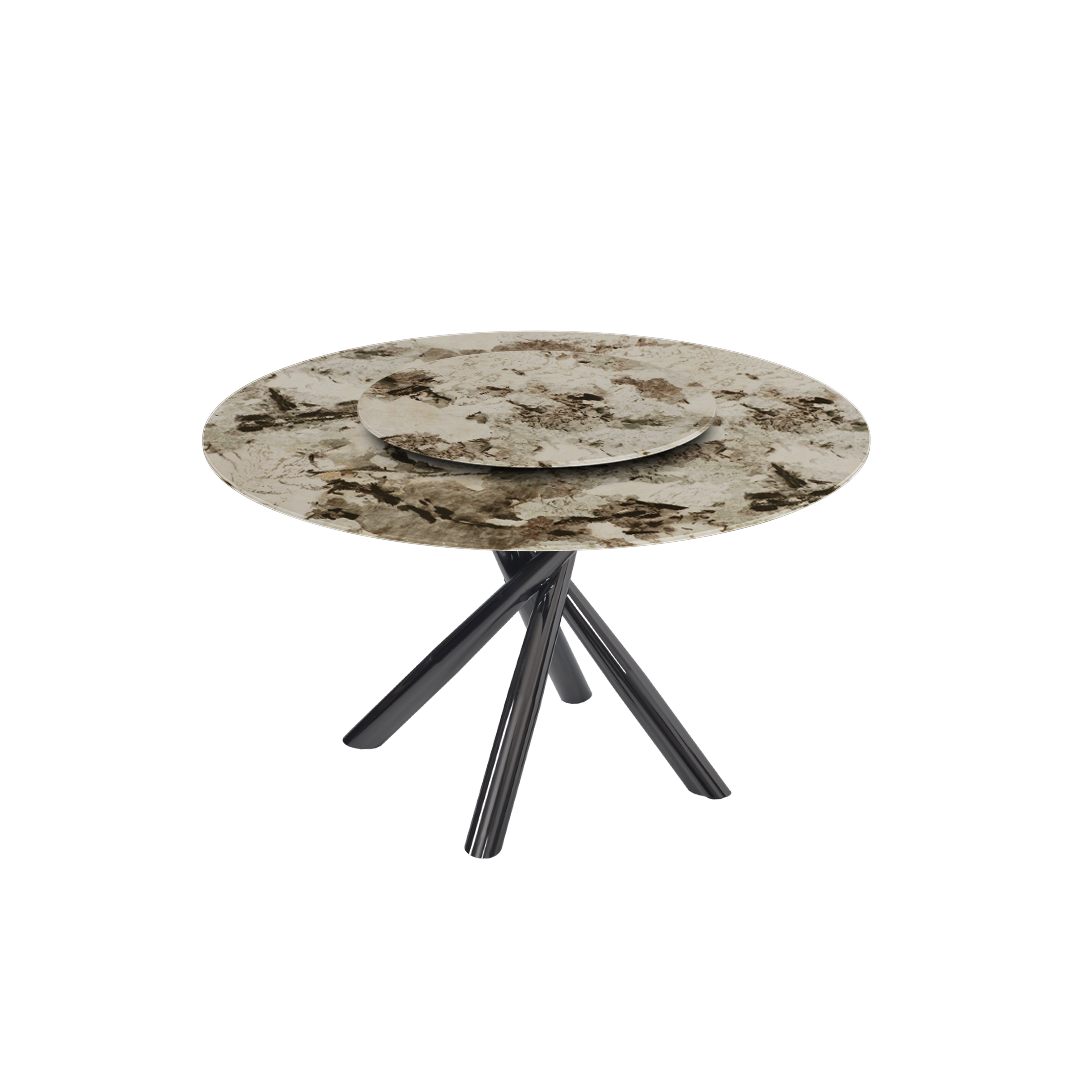 Contemporary Minimalist Round Marble Dining Table with Xyla Black Glossy Metal Leg (Ø1.3m)
