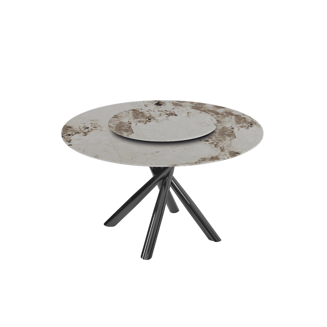Contemporary Minimalist Round Marble Dining Table with Xyla Black Glossy Metal Leg (Ø1.3m)