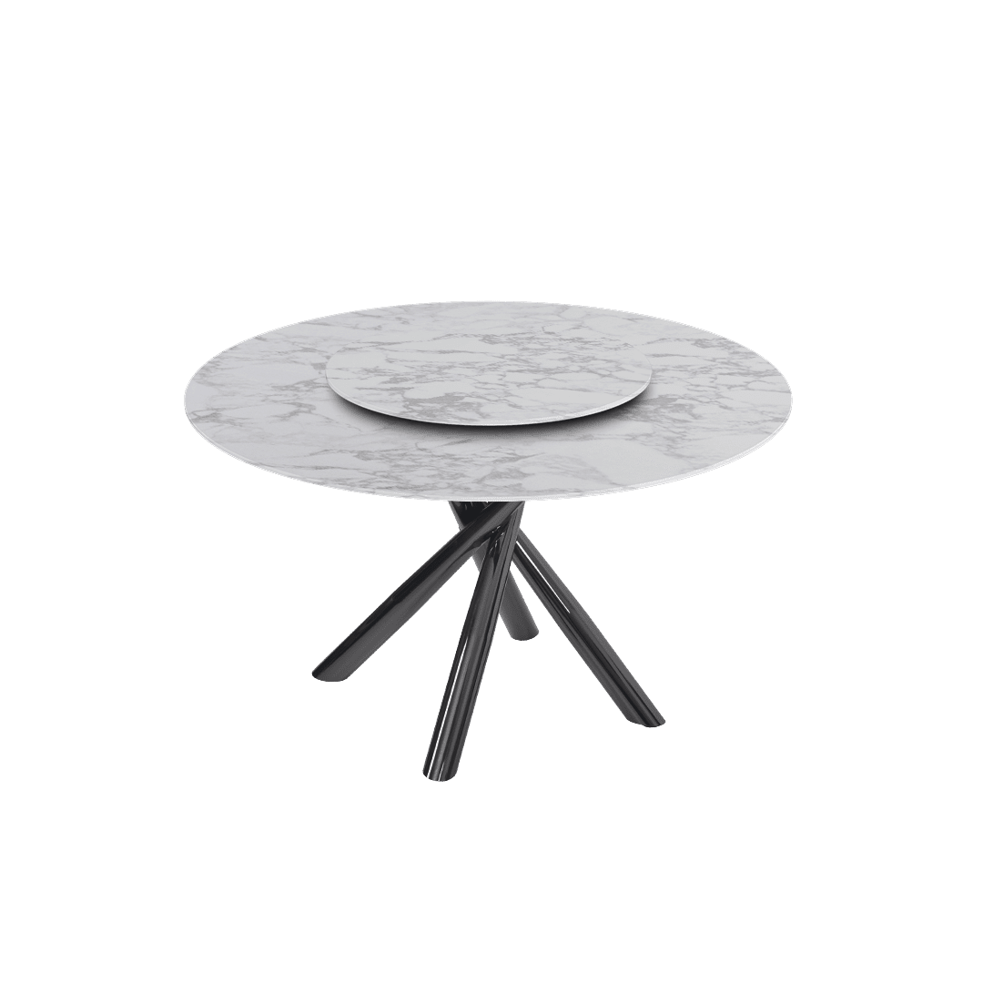 Contemporary Minimalist Round Marble Dining Table with Xyla Black Glossy Metal Leg (Ø1.3m)