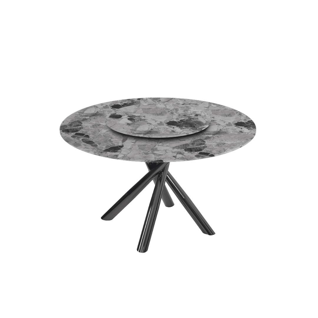 Contemporary Minimalist Round Marble Dining Table with Xyla Black Glossy Metal Leg (Ø1.3m)
