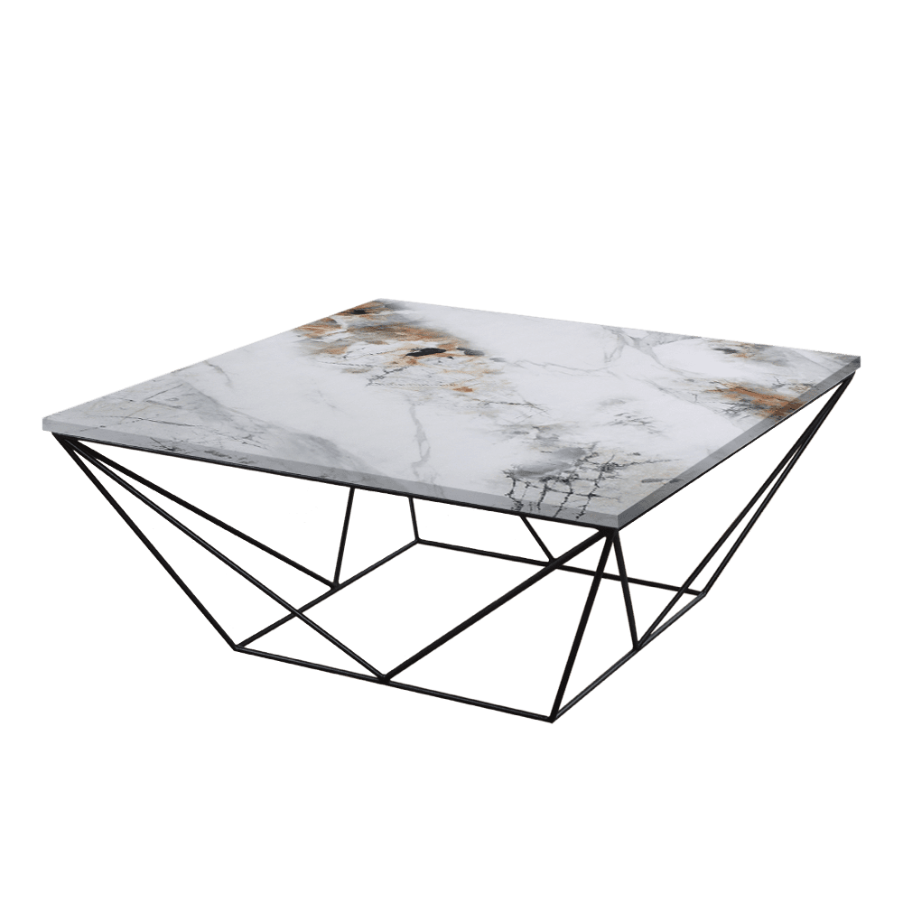 Mix & Match Square Marble Coffee Table with Black Geometric Metal Base
