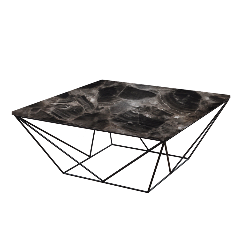 Mix & Match Square Marble Coffee Table with Black Geometric Metal Base