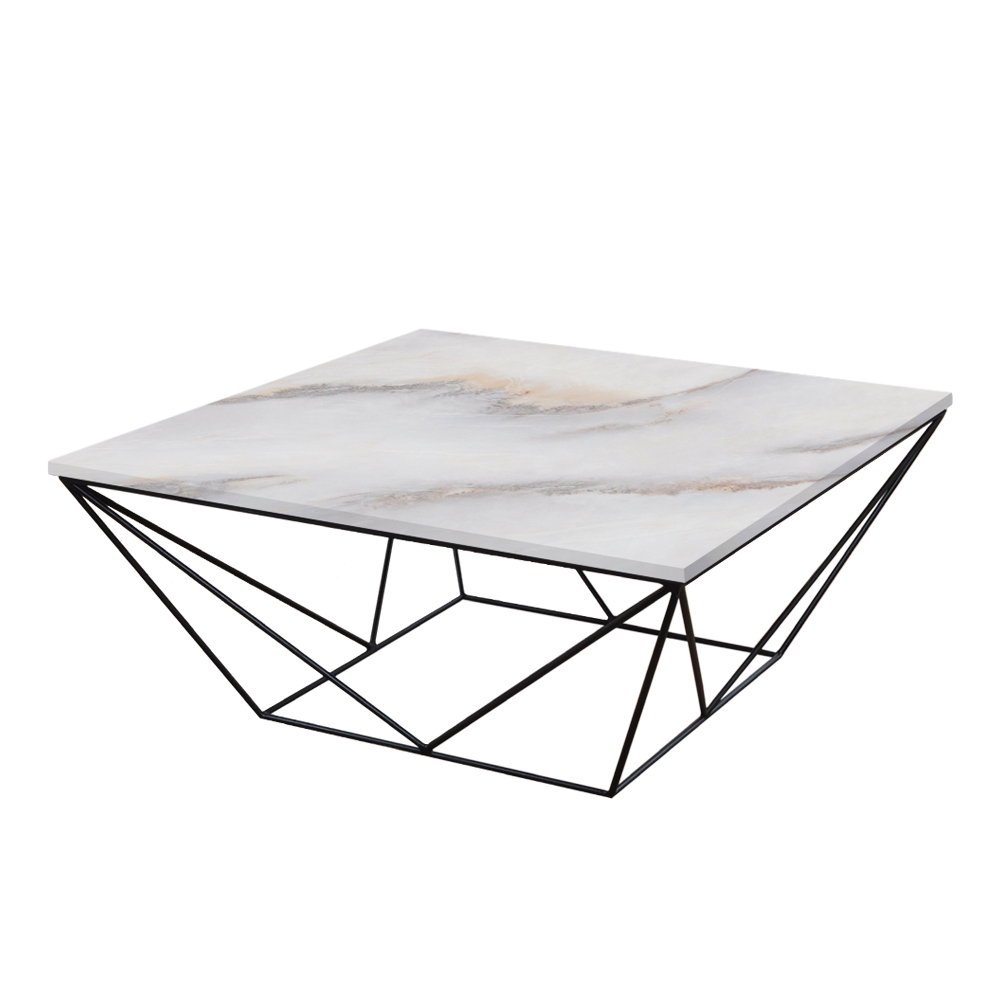 Mix & Match Square Marble Coffee Table with Black Geometric Metal Base