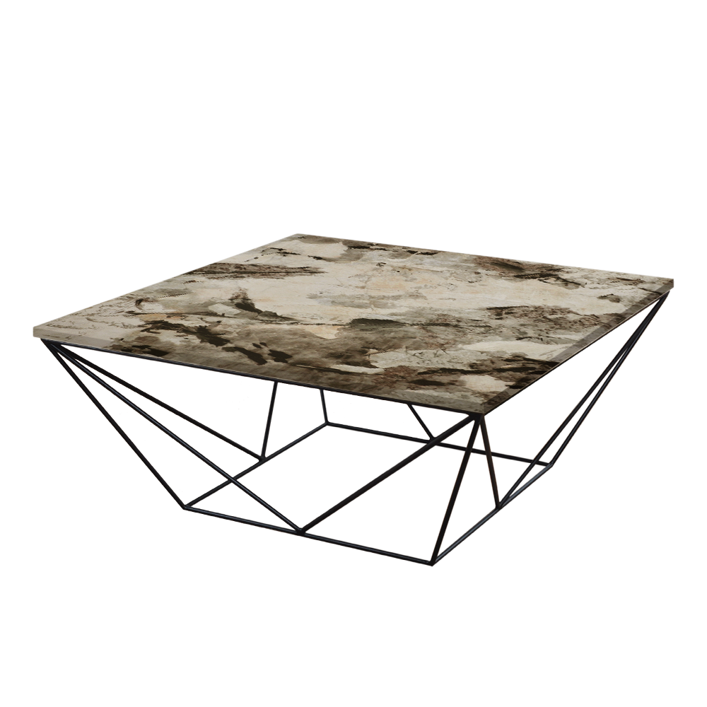 Mix & Match Square Marble Coffee Table with Black Geometric Metal Base