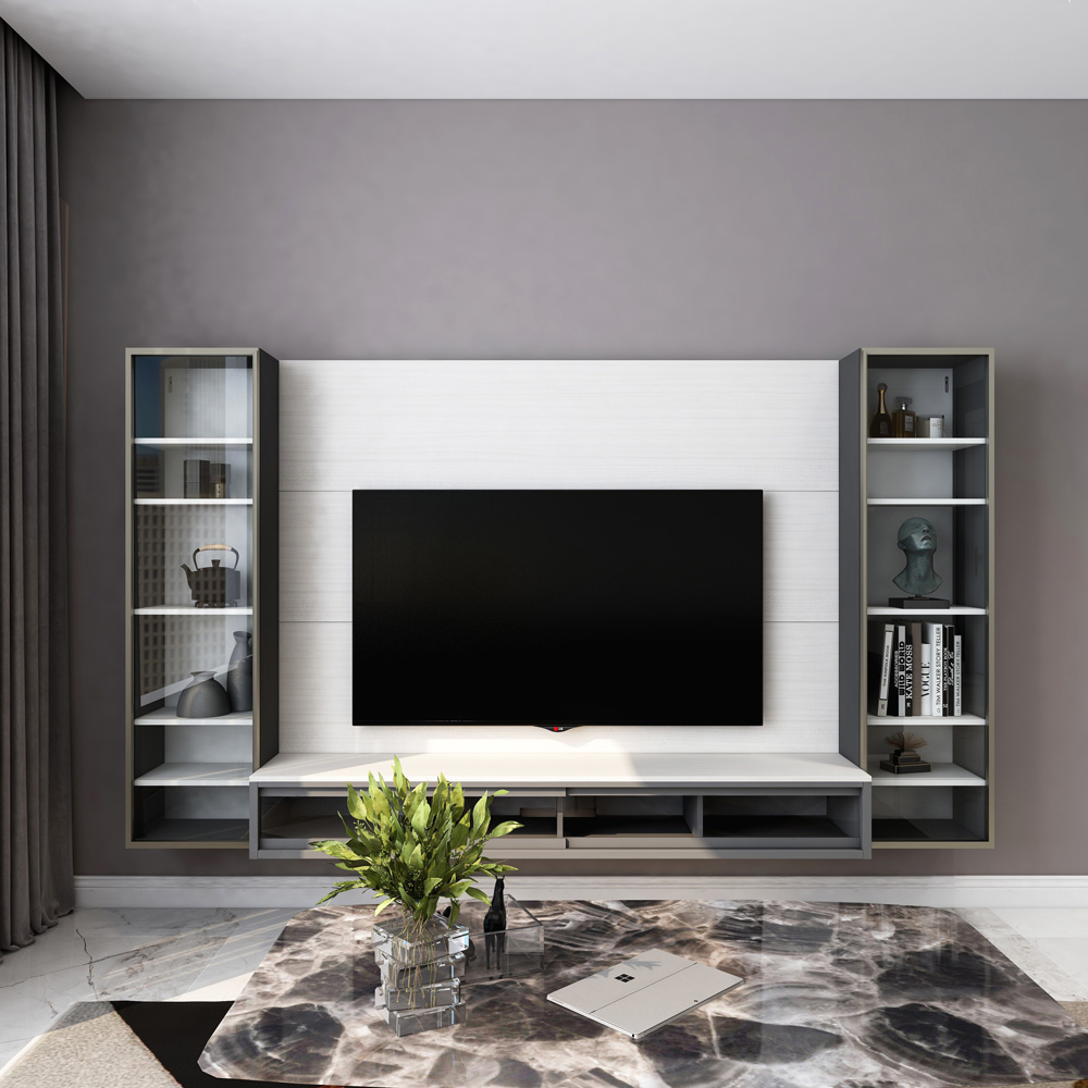 CALIS – Mix & Match TV Wall Cabinet & 2-section Wall Mounted Display  Shelves Cabinet (W2600 x D410 x H1500mm) - Crownlivin